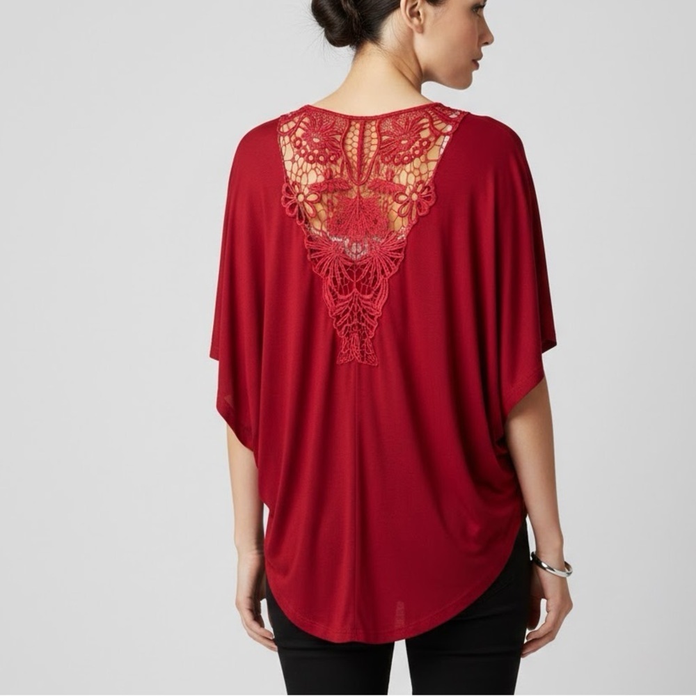 NWOT Crochet lace tunic top RED SMALLL dolman sleeves flowy Jeans By Buffalo